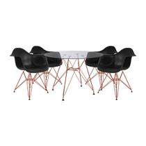Conjunto Jantar Mesa Eames Eiffel Vidro Redonda 110cm com 4 Poltronas Pretas Ferro Cobre