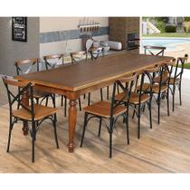 Conjunto Jantar Mesa Leonora Madeira Maciça 240x100 com 10 Cadeiras Paris Base Alumínio - Castanho