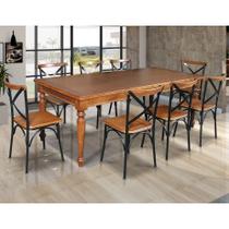 Conjunto Jantar Mesa Leonora Madeira Maciça 240x100 com 8 Cadeiras Paris Base Alumínio - Castanho