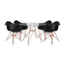 Conjunto Jantar Mesa Redonda Vidro Eames Eiffel 90cm com 4 Poltronas Pretas Ferro Cobre