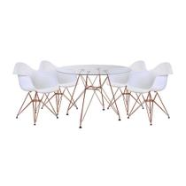Conjunto Jantar Mesa Vidro Redonda 110Cm Com 4 Poltronas Brancas Ferro Cobre Cor: Preto Conjunto Jantar Mesa Vidro Redonda 110Cm Com 4 Poltronas Brancas Ferro Cobre Cor: Preto