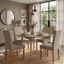 Conjunto Jantar Redondo Dani 4 Lugares MDF Cadeiras Linho Off White Bege Milani Movelaria Conjunto Jantar Redondo Dani 4 Lugares MDF Cadeiras Linho Off White Bege Milani Movelaria