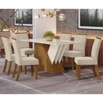 Conjunto Jantar Tampo Mdf Canto Reto Com Vidro 160 Cm 06 Cadeiras Cecily Henn Nature Off White Linho