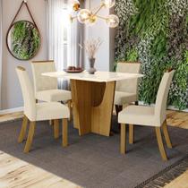 Conjunto Jantar Tampo Mdf Canto Reto Vidro 120 Cm 04 Cadeiras Kateryna Henn Nature Off White Linho