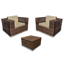 Conjunto Jardim Quadrado Fibra Sintética 2 Poltronas e Mesa Centro - Tecido Duna Cru