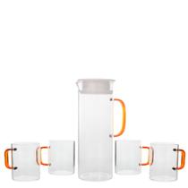 Conjunto Jarra 1,1 Litro Com 4 Copos 220Ml de Vidro Alça Colorida Mai Home