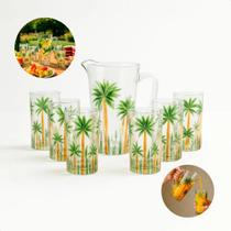 Conjunto Jarra Com 6 Copos De Cristal Palm Tree Handpaint Vidro Fino, Design Sofisticado Pintado, Ideal Para Servir Bebidas Com Estilo E Elegância