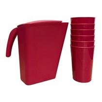Conjunto Jarra De Água Suco Bebidas 2L Com 6 Copos 500ml Resistente Servir Plástico Forty - Vermelho