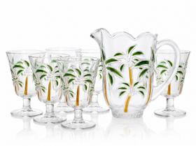 Conjunto Jarra de Vidro 1,5L com 6 Taças 230ml Decoradas Palmeira Jogo para Suco Água Drinks Mesa Posta Conjunto Jarra de Vidro 1,5L com 6 Taças 230ml Decoradas Palmeira Jogo para Suco Água Drinks Mesa Posta