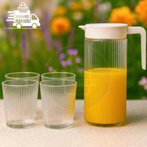 Conjunto Jarra De Vidro 1L Com Tampa De Plástico Branca E 4 Copos De Vidro 220 ML Modelo Grafiato Resistente Água Suco Vitamina Bebidas