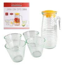 Conjunto Jarra de Vidro com Tampa 800ml Paládio com 4 Copos 220ml Vidro Suco Água Café Chá Calor