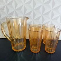 Conjunto jarra e copos de vidro 470ml com 5 peças dourado ambar para suco kit copo