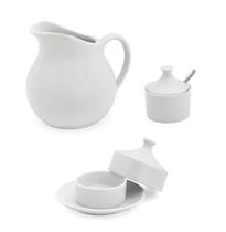 Conjunto Jarra Leiteira Açucareiro Manteigueira Porcelana Branco - Pedreira Decor