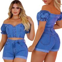 Conjunto Jeaans Feminino Short Barra Dobrada Cropped Casual Cintura Alta Conjunto Jeaans Feminino Short Barra Dobrada Cropped Casual Cintura Alta