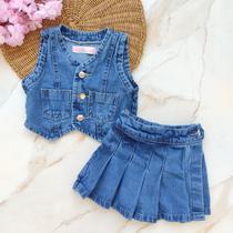 Conjunto Jeans Algodão Infantil Menina Colete + Short Saia Juvenil Blogueirinha Fotos Aniversário Conjunto Jeans Algodão Infantil Menina Colete + Short Saia Juvenil Blogueirinha Fotos Aniversário