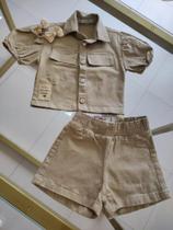 Conjunto jeans beje croped + short feminino tamanho 6