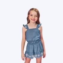 Conjunto Jeans Blusa Cropped e Shorts Tricoline Infantil Menina Mundo Cinti 12556