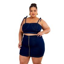 Conjunto Jeans com Lycra Premium Cropped e Short Saia Plus Size