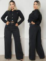 Conjunto Jeans Feminino Calça Cargo e Jaqueta Com Barra Black