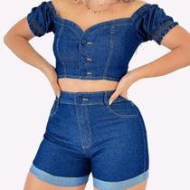 Conjunto Jeans Feminino com Lycra Cropped Ombro a Ombro e Short Cintura Alta