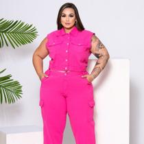 Conjunto jeans feminino cropped e calça cargo pink - Moda Plus size