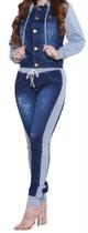 Conjunto Jeans Feminino Jaqueta Manga Moletom Calça Com Moletom Lateral
