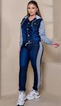 Conjunto Jeans Feminino Jaqueta Manga Moletom Calça Com Moletom Lateral Conjunto Jeans Feminino Jaqueta Manga Moletom Calça Com Moletom Lateral