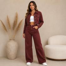 Conjunto Jeans Feminino Marsala Wide Leg E Jaqueta Casual COR:MARSALATAMANHO:44