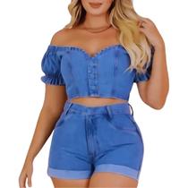 Conjunto Jeans Feminino Short Barra Dobrada Cintura Alta 2 Peças Standard Size 100% Algodão Premium Efeito Empina Bumbum