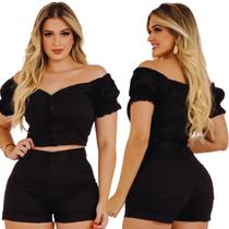 Conjunto Jeans Feminino Short Barra Dobrada Cropped Casual Cintura Alta