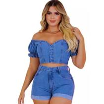 Conjunto Jeans Feminino Short e Cropped Jeans Modelo Sensação