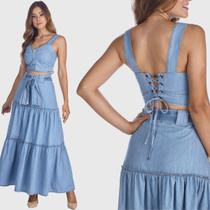 Conjunto Jeans HNO Jeans Saia Tres Marias e Cropped Azul