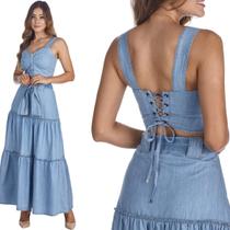 Conjunto Jeans HNO Saia Longa e Cropped Azul Claro Premium