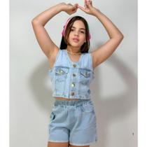 Conjunto Jeans Infantil Colete com Short Cargo Tamanhos 4 ao 14 de Algodão. Conjunto Jeans Infantil Colete com Short Cargo Tamanhos 4 ao 14 de Algodão.