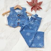 Conjunto Jeans Infantil Conjunto De Menina Feminina Luxo Básico Colete + Calça Florzinha Casual Conjunto Jeans Infantil Conjunto De Menina Feminina Luxo Básico Colete + Calça Florzinha Casual