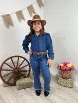 Conjunto Jeans Infantil Menina Camisa e Calça Flare Moda Boiadeira Novidade de Inverno