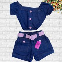 Conjunto Jeans infantil menina Tia Dani Kids Cropped e Shorts e Cinto