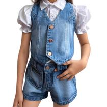 Conjunto Jeans Infantil Meninas Confortavel-Short+Camisa Social+Colete-Parque-Festas-Natal-Ano Novo-Livia-