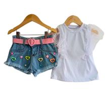 Conjunto Jeans Infantil Meninas -Short+Cinto+Blusinha Manga Tule- Festas-Natal-Ano Novo- Manu -Corações- Conjunto Jeans Infantil Meninas -Short+Cinto+Blusinha Manga Tule- Festas-Natal-Ano Novo- Manu -Corações-