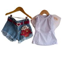 Conjunto Jeans Infantil Meninas -Short+Cinto+Blusinha Manga Tule- Festas-Natal-Ano Novo- Manu - Conjunto Jeans Infantil Meninas -Short+Cinto+Blusinha Manga Tule- Festas-Natal-Ano Novo- Manu -