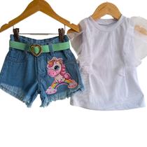 Conjunto Jeans Infantil Meninas -Short+Cinto+Blusinha Manga Tule- Festas-Natal-Ano Novo- Manu -Unicórnio Arco iris-