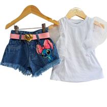 Conjunto Jeans Infantil Meninas Stitch- Natal e Ano Novo- com Cinto -Manu-