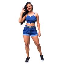 Conjunto Jeans Liso Short e Cropped Coração De Alça Conjunto Jeans Liso Short e Cropped Coração De Alça