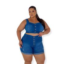 Conjunto Jeans Plus Size Feminino Cropped e Short com lycra