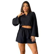 Conjunto Jessica Cropped Bata Manga Longa Flare E Short Curto