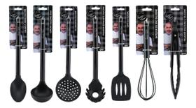 Conjunto Jogo 7 Peças Colher Silicone Preto Cabo Inox All Black Cozinha