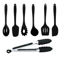 Conjunto Jogo Colheres Utensílios Silicone Maciço Preto 7 Peças