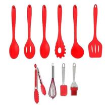 Conjunto Jogo Colheres Utensílios Silicone Maciço Vermelho 10 Peças