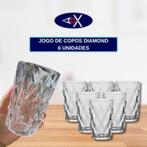 Conjunto Jogo de 6 Copos de Vidro Diamante 370ml Mesa Posta Comemoração