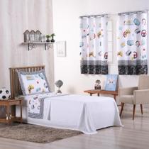 Conjunto Jogo de Lençol Masculino 3 Peças Boy Solteiro + Cortina Varão Simples Duplo 2m Estampado